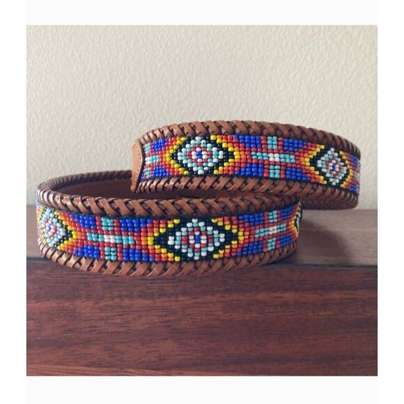 Vintage LL Bean beaded women's leather belt 39 inch total length - Picture 2 of 11